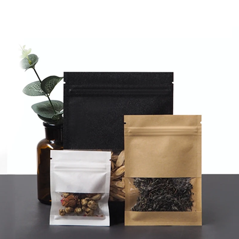 Thick Resealable Brown/White/Black Kraft Paper Flat Window Zipper Bag Jewelry Candy Tea Pill Snack Nut Storage Packaging Pouches