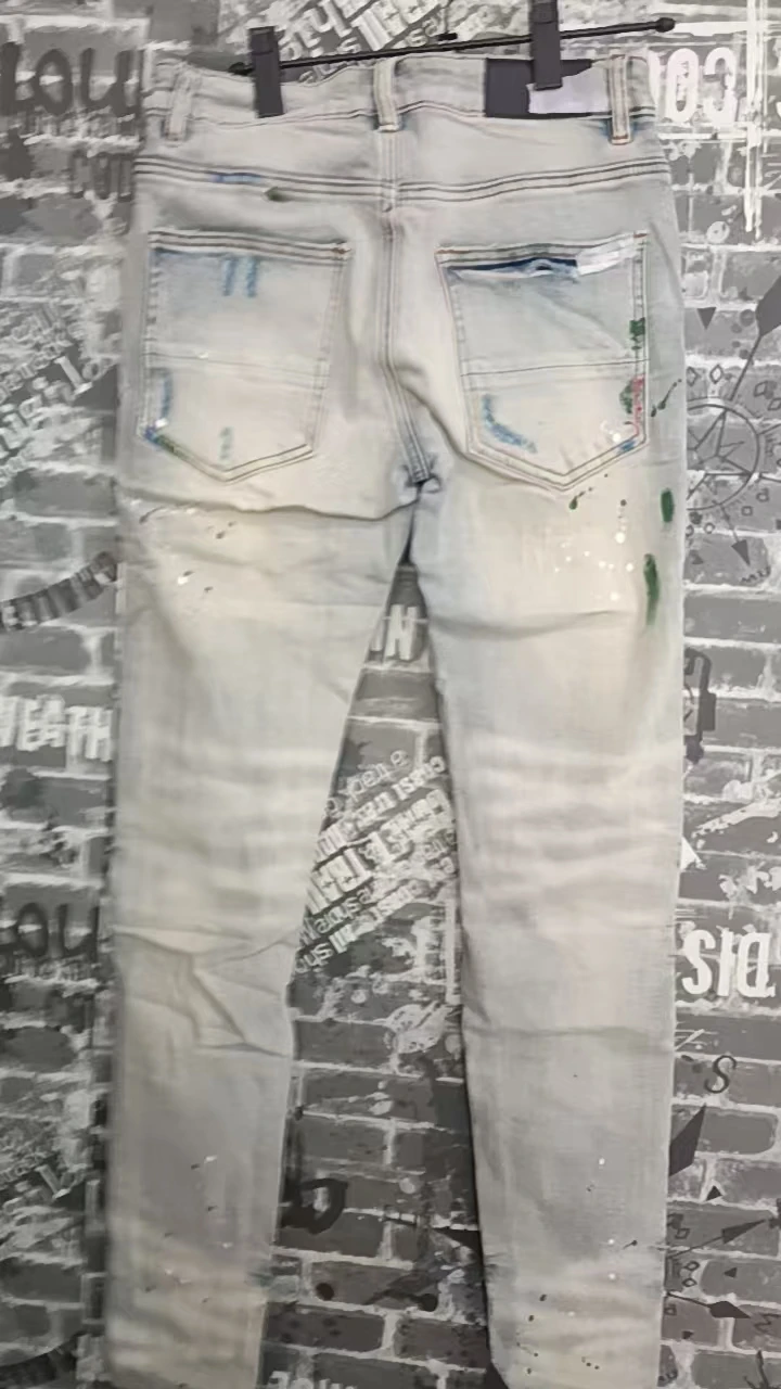 Fashionable new men's retro light blue jeans with pleated elastic perforated patch tight tapered pants Y2K