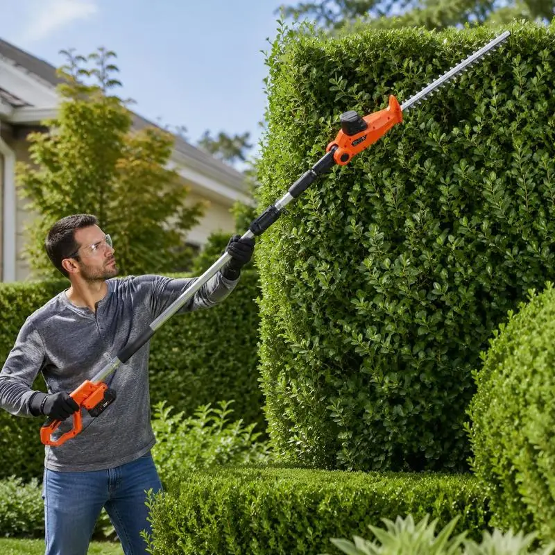 Taille-haie télescopique, 20V, moteur en cuivre, 17.500 tr/min, taille-haie électrique, longueur de lame 46 cm, extensible de 188 à 239 cm, diamètre de coupe 16 mm, 30–150 °   rotatif, incl. Chargeur rapide et batterie