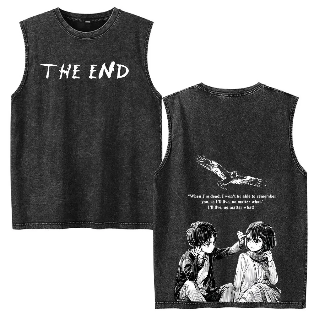 Anime Attack on Titan Mikasa Ackerman Eren Jaeger Washed Tank Tops T Shirts Mens Women Vintage Oversized Sleeveless Vest T-shirt