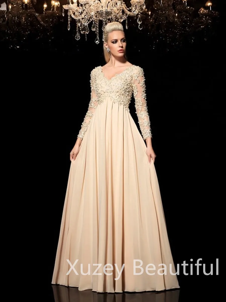 Champagne Long Sleeve V-Neck Mother Bride Dress Weddings Applique Chiffon Beaded Evening Celebrity Party Gown فساتين سهره 2022