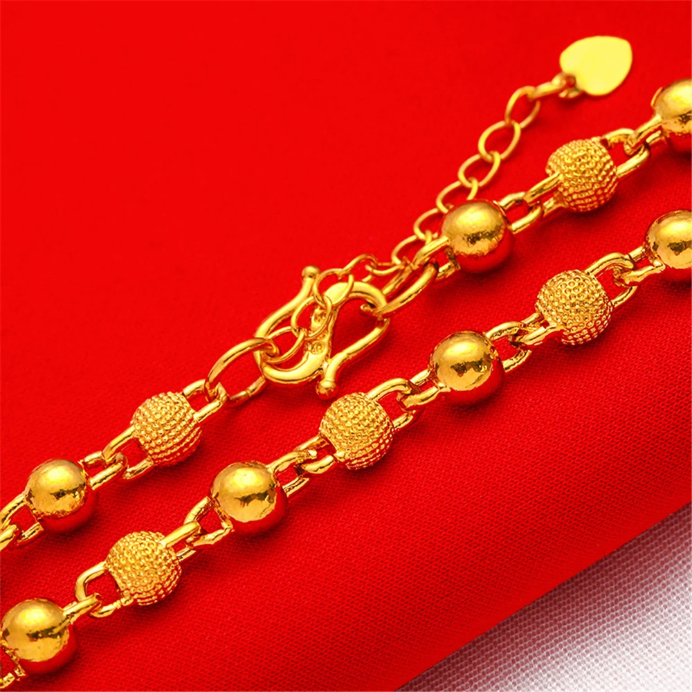 Yellow Gold Plated Charm Bracelets For Women 6mm Smooth Beaded Chain Bracelet Pulseira Femme Wedding Jewelry Party Gift Bijoux