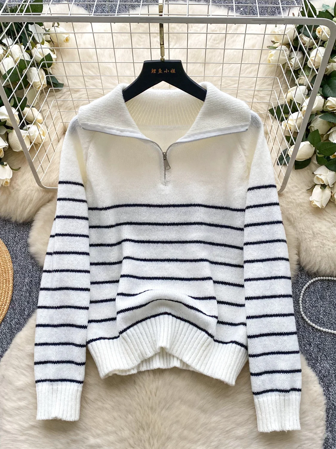 

Korean Sle Slim Fit Striped Knitwear Women's Autumn Zipper Collar Slimming Maturi Ele Top Faionable Commute