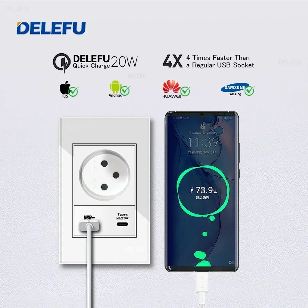 DELEFU White Tempered Glass Israel Standard USB Type C Fast Charging Wall Socket Light Switch Satellite TV Tel CAT5 CAT6