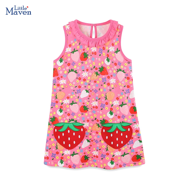 Little maven Dress for Girls 2026 Summer Kids Clothes Children's Clothing Cartoon Strawberry Casual Sleeveless Dresses 2-7 Years