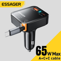 Essager 3 Ports USB C Car Charger With Type C Retractable Cable 65W QC3.0 Fast Charging for iPhone 16 15 14 ipad Samsung Huawei
