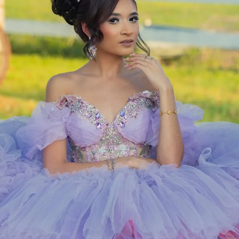 

Shiny lavender Quinceanera Dress Lace layering off-shoulder Tull crystal decal vestidos de 15 Quinceanera ﻿Customized