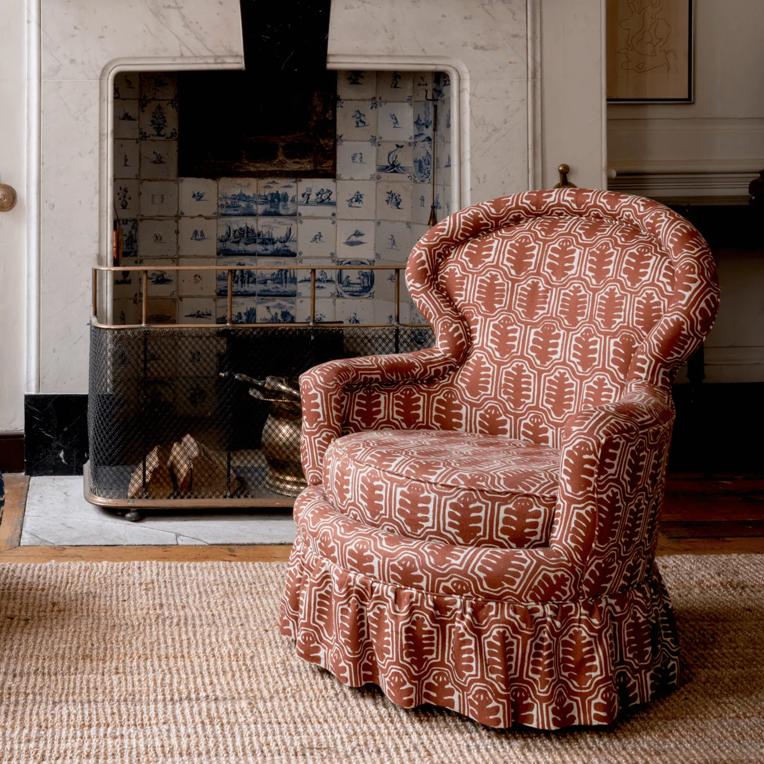 Retro solid wood sofa chair Small apartment living room printed leisure chair Country villa bedroom single chair