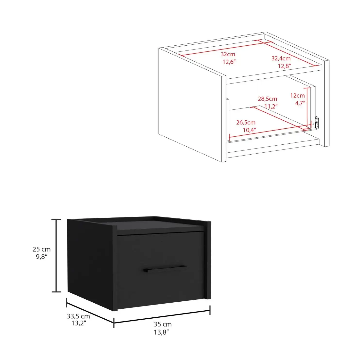 Boa Floating Nightstand, Wall-Mounted Single Drawer Design with Handle Black