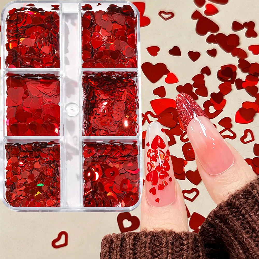 6Grids Laser Red Heart Nail Glitter Charms Hollow Out Mini Love Red Nail Sequins Mixed Size Heart Valentine's Day Nail Decoratio