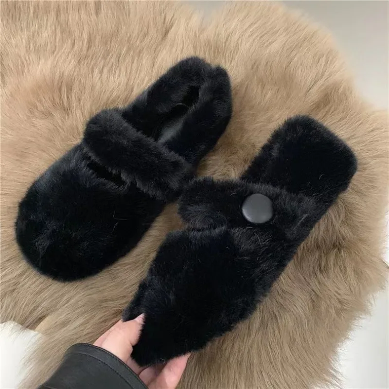 New Fashion Women\'s Winter Fur Flat Shoes Women’s Warm Plush Mary Jane Casual Ballet Shoes Outdoor Round Toe Shallow Footwear