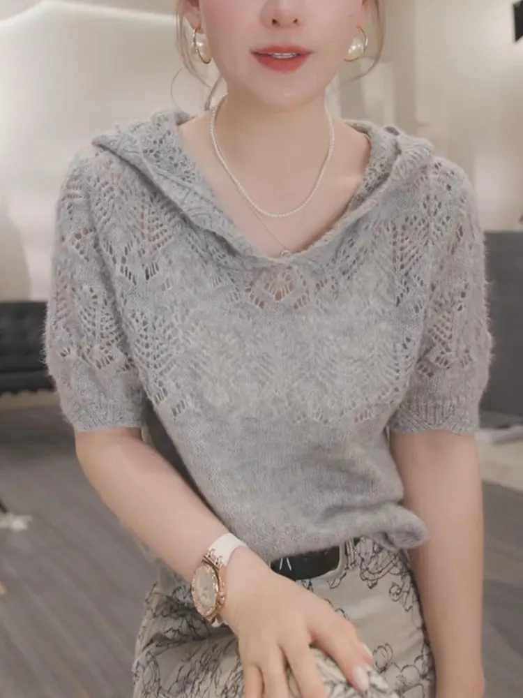 ay محبوك سترة مع قبعة الجوف خارج تصميم الصيف جديد عارضة Sle المرأة ort Sve أعلى الكورية Faion فضفاضة تناسب