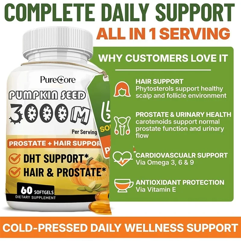 3000 Milligrams of Pumpkin Seed Oil, Hair Growth Support, Containing Plant Sterols, Skin Health Omega 3 6 9,60 Soft Capsules