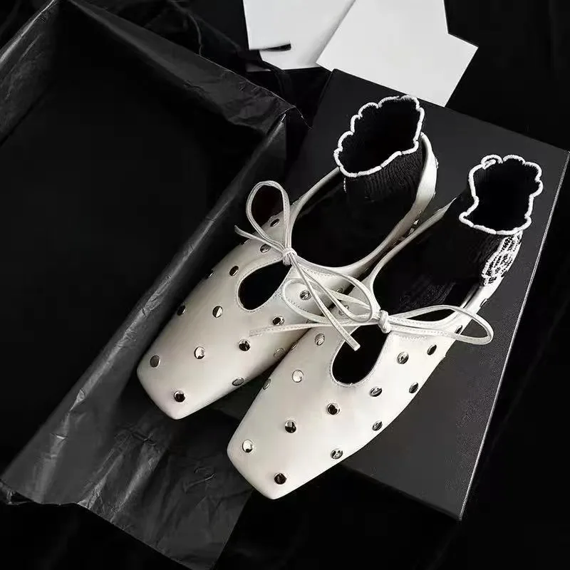 

Новинка 2023 года, женские балетки на плоской подошве, Мэри Джейн, туфли на плоской подошве со шнуровкой, во французском стиле, на низком каблуке с квадратной головкой, весенне-осенний сезон, овчина