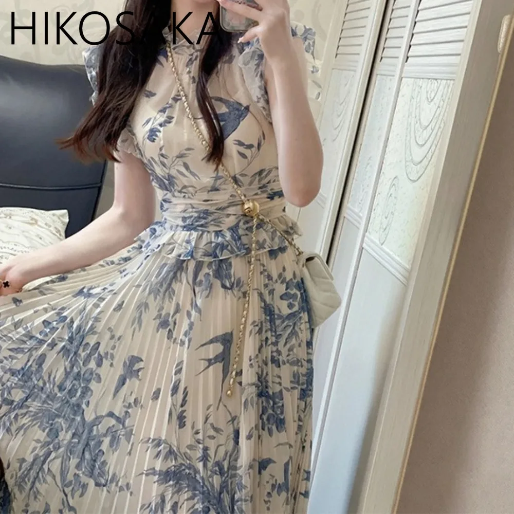 

Fungus Stand Collar Flying Sleeve Chic Summer Dress Slim Waist Pleated A-line Elegant Robe Japan Style New Temperament Vestidos