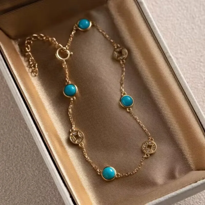 Vintage Chinese Style Copper Coin Chains Blue bracelet for women Classic Fashion Round Turquoise bangles Banquet Jewelry