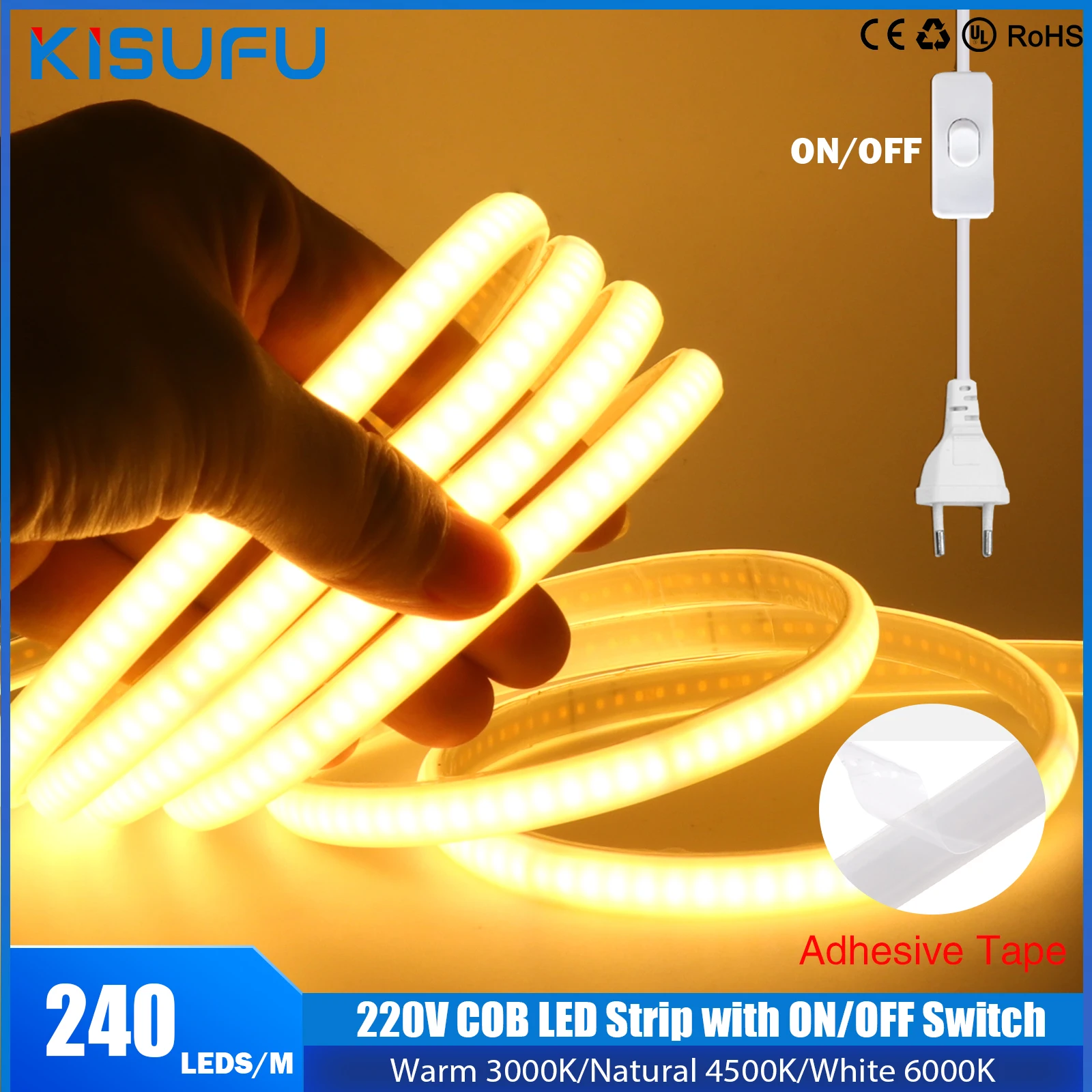 

220V COB LED Strip with ON/OFF Switch IP65 Waterproof 240LED 3000K 4000K 6000K Flexible Adhesive Tape for Bedroom Outdoor Decor