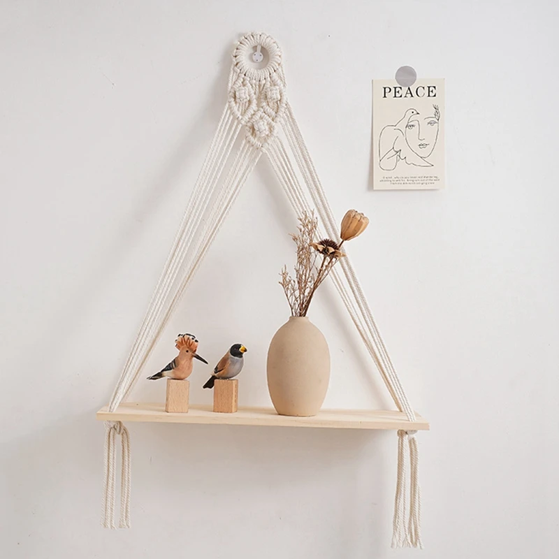 2PCS Hanging Shelf Boho Handmade Bohemian Wooden Plants Floating Rope Shelves Decorative Holder