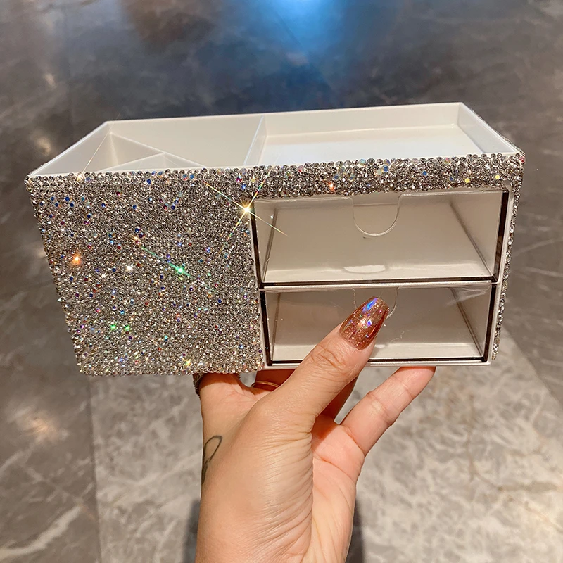 

Ящик для хранения косметики с блестящими бриллиантами, настольные канцелярские принадлежности, карандаш, офисный органайзер, стойка, многофункциональный ящик, держатель для ювелирных изделий для макияжа
