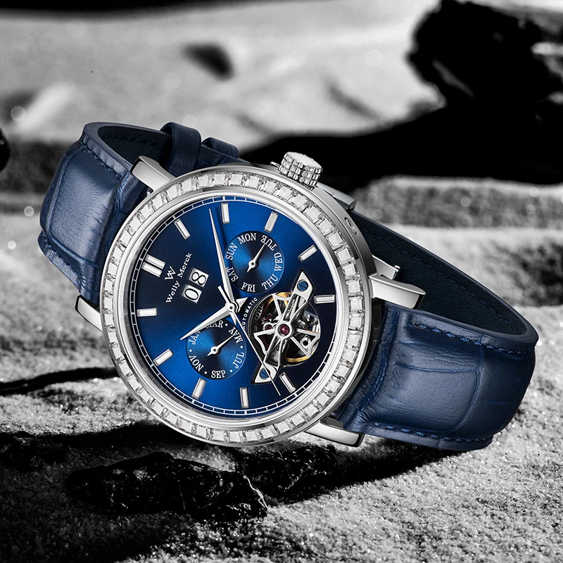 Wm relógio mecânico automático masculino relógios de alta qualidade safira hora mundial original reconhecido marca welly merck relógio homem wm133