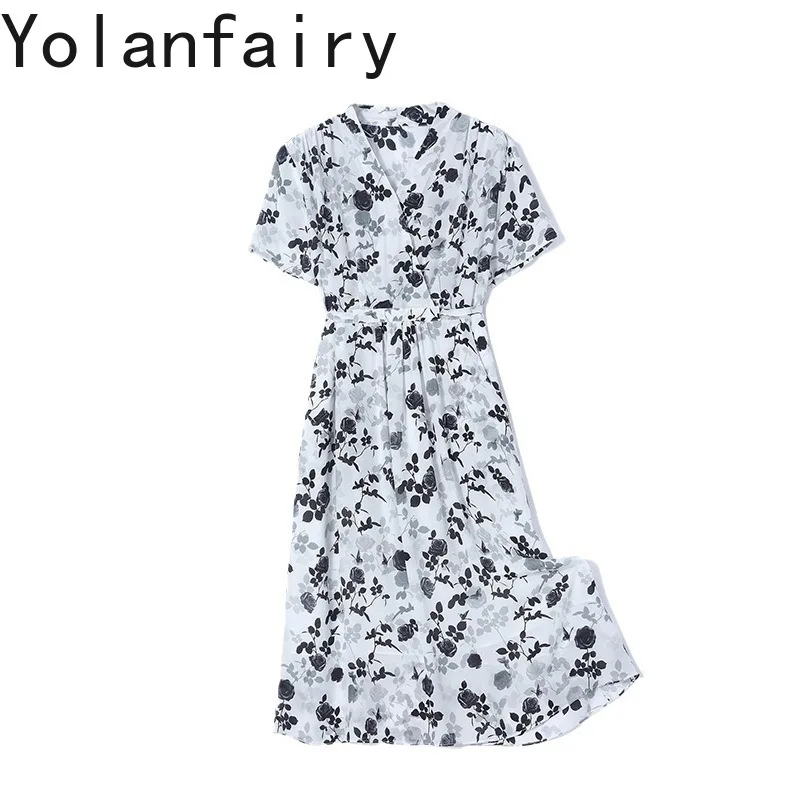 YOLANFAIRY 100% Reale Abiti di Seta di Gelso per la Donna 2025 High-end Stampato Abito Bianco Abiti Eleganti Abiti Estivi vestidos de mujer