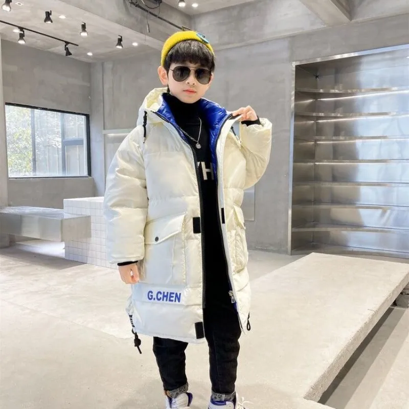 Boys' Winter Cotton Coat New Medium to Large Children's Thickened Winter Hooded Down Coat Children's Long Clean Cotton Coat