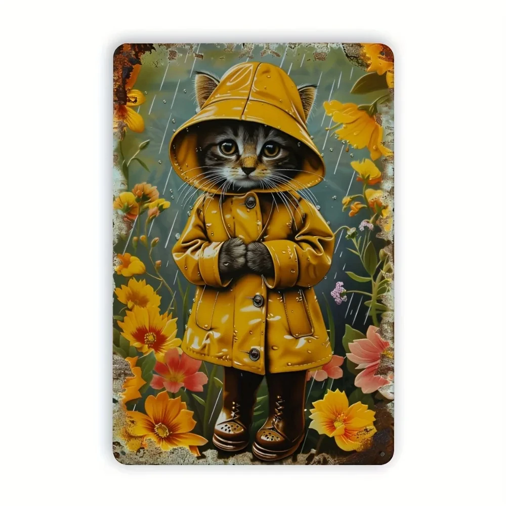 Vintage Cat Raincoat Metal Sign Iron Made 8x12inch 2D Flat Wall Decoration, Suitable for Home, Office, Bar, Cafe, Garage