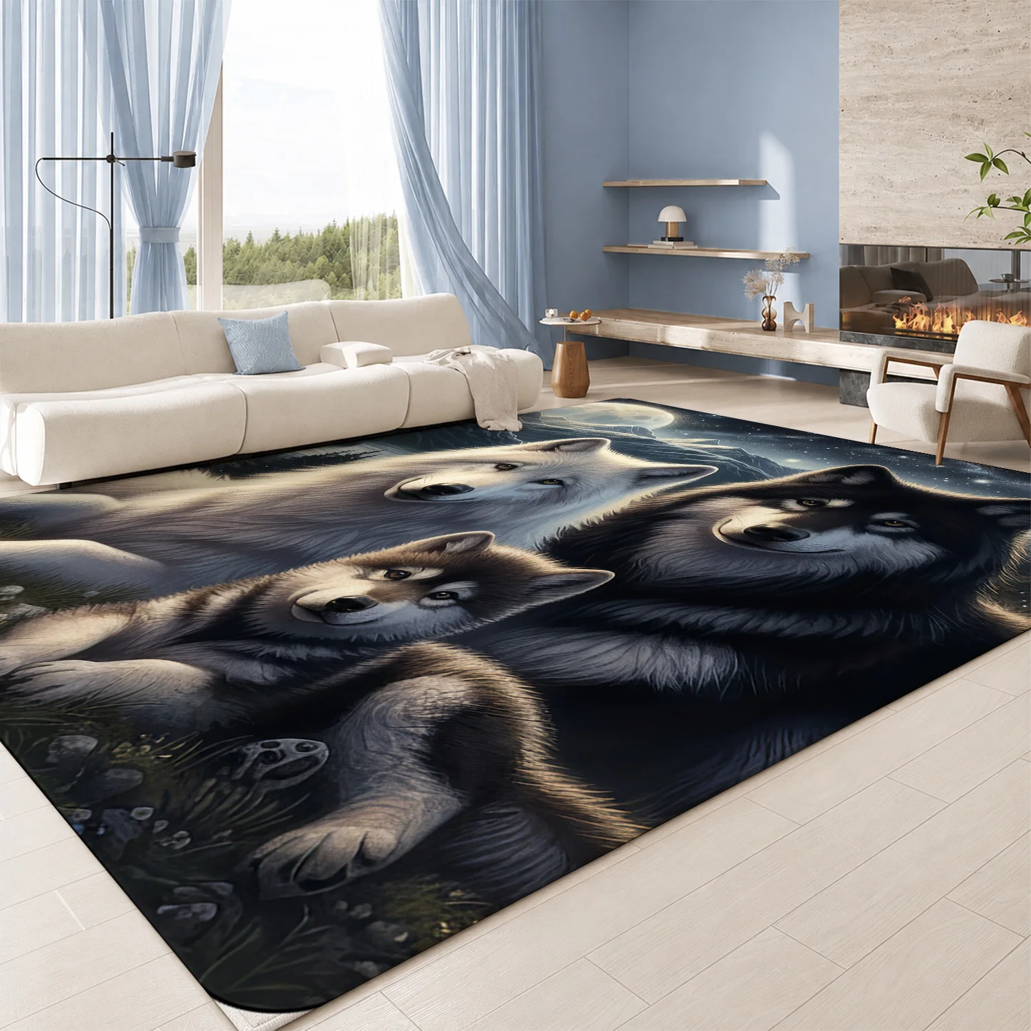 Large Indoor Area Rug, Soft Velvet Low Pile with Non-slip Dotted Backing, Machine Washable, Mystical Wolf Family Moon Night Scene, Perfect for Living Room Bedroom Cozy Home Floor Accent Rug