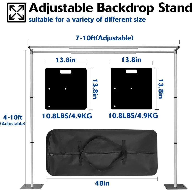 Kit supporto per fondale con tubo a doppia barra trasversale da 10 piedi x 10 piedi, supporto per fondale resistente, sfondo in metallo regolabile