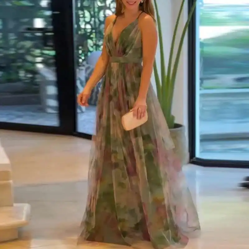 Summer Sexy V Neck High Waist Pleated Long Elegant Off Shoulder Swing Beach Dresses New Mesh Printed Women's Evening Dress