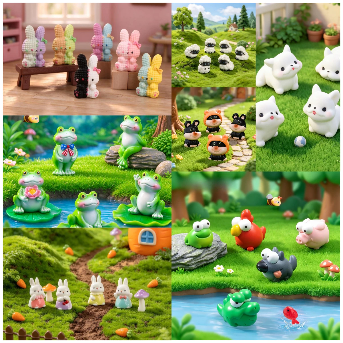 100pcs Cartoon Mini Animal Sheep Rabbit Rana Lamb Farm Gardening Landscaping DIY Keychain Jewelry Accessories Dollhouse Decor