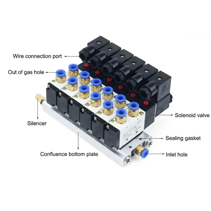 4V210-08 Pneumatic Solenoid Valve Block With Muffler Fitting Base Manifold 2/3/4/6 Way 12/24V DC 110/220V AC Multi Option