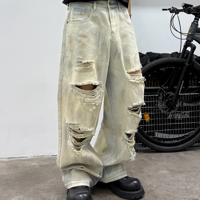 جينز أمريكي عتيق للرجال فضفاض مناسب مستقيم الساق من قماش الدنيم المتعثرة الكورية الهيب هوب شارع العليا ممزق ريترو عصري