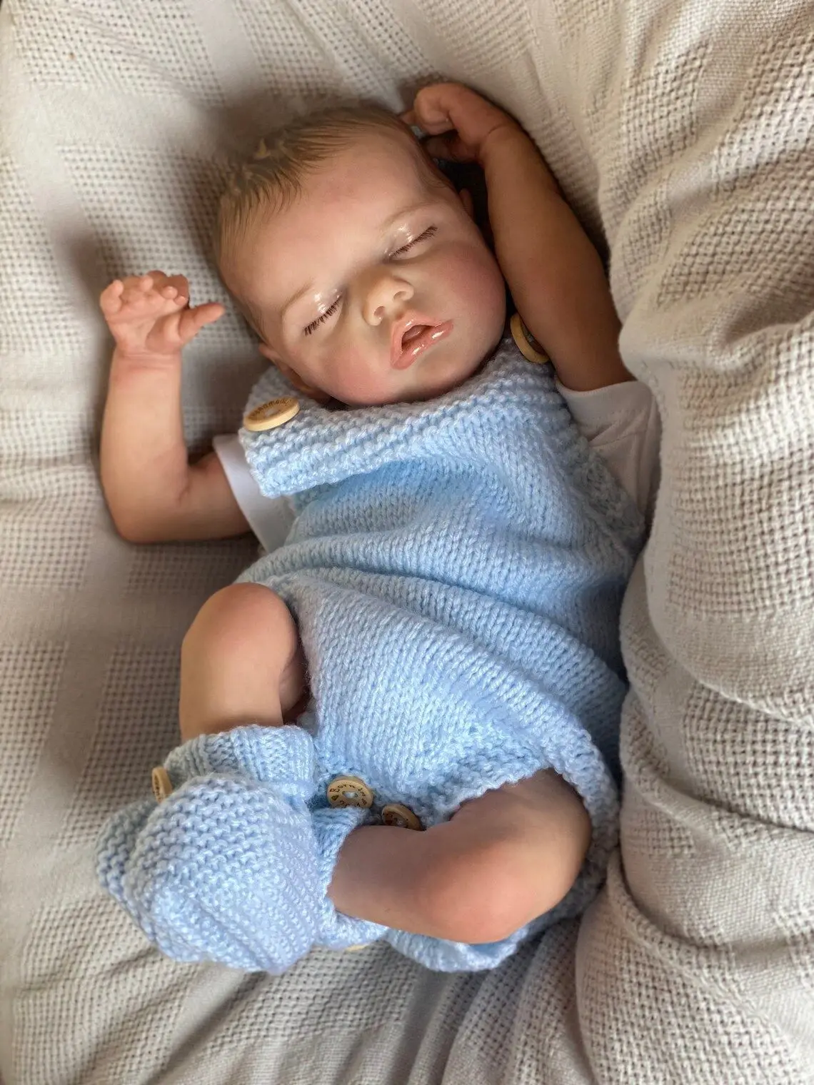 Newborn Baby Doll Reborn Sleeping Soft Silicone Flexible 3D Skin Tone with Visible Veins Hand Paint Hair Doll Blue Clothes Sets