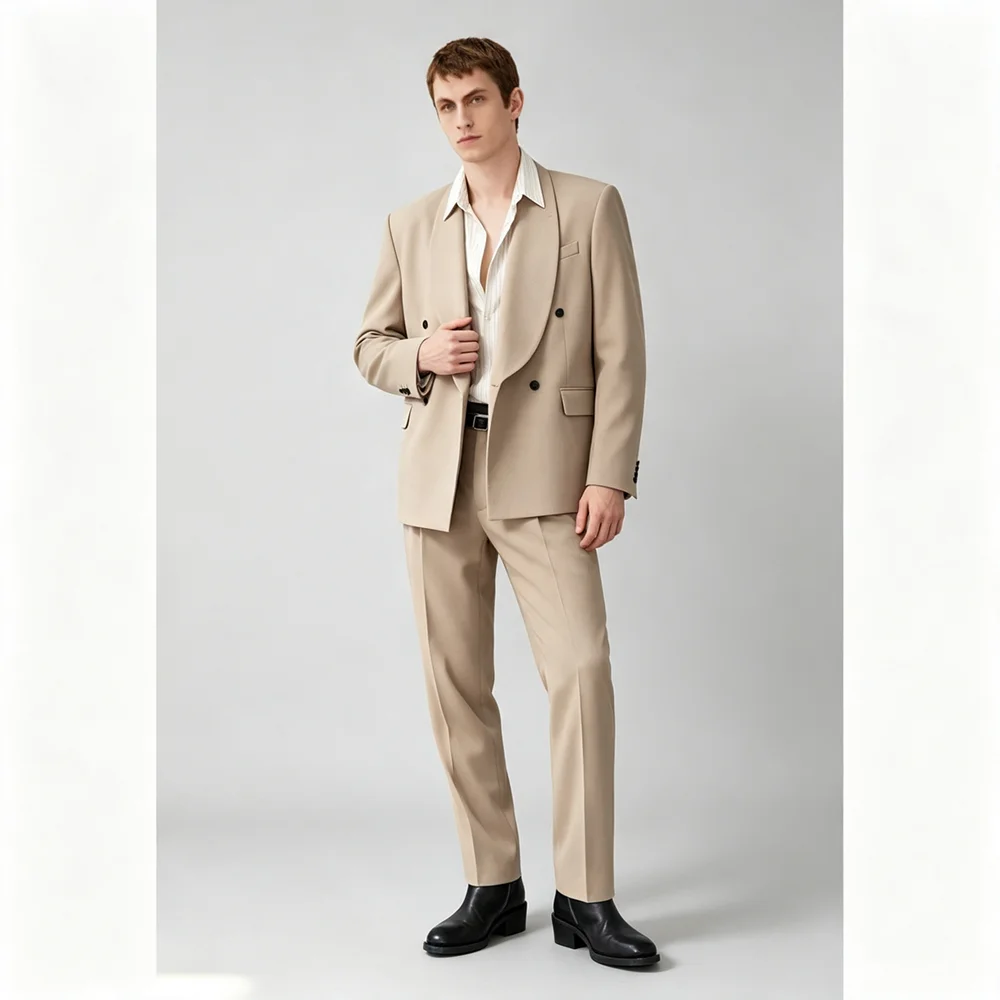 Men Two Piece Suit Slim Fit Shawl Collar Double Breasted Formal Business Blazer Pants Wedding Prom Party Male Daily Outfit