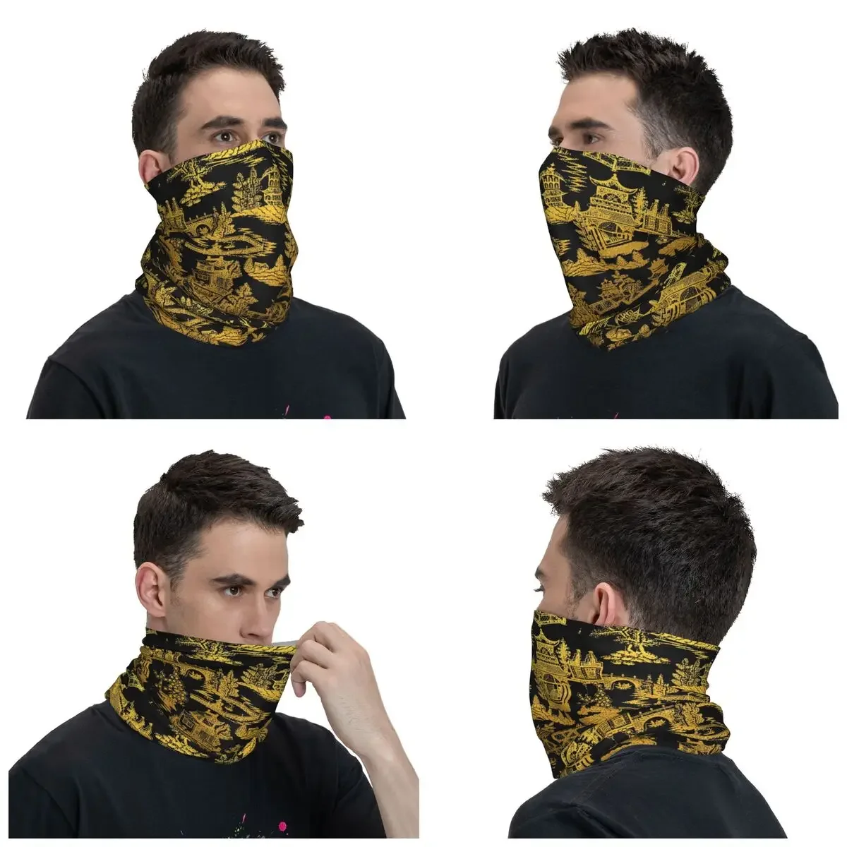 Gold Black Chinoiserie Pagoda Neck Gaiter Women Men UV Protection Winter Willow Pattern Bandana Scarf for Cycling