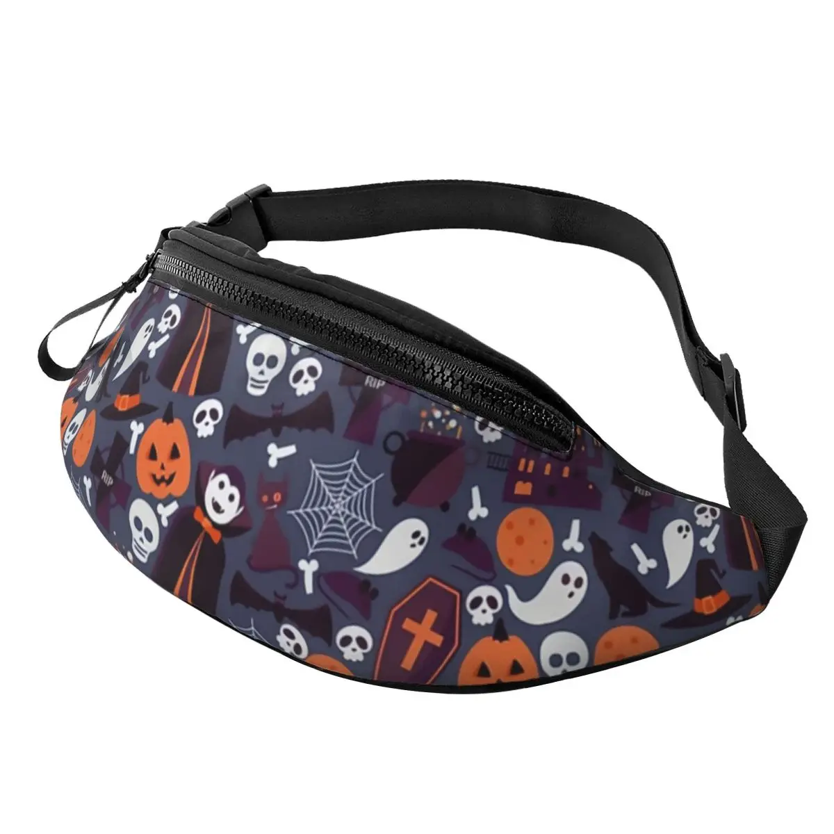 

Custom Casual Pumpkins Ghosts Cats Skulls Halloween Fanny Pack for Traveling Women Men Crossbody Waist Bag Phone Money Pouch