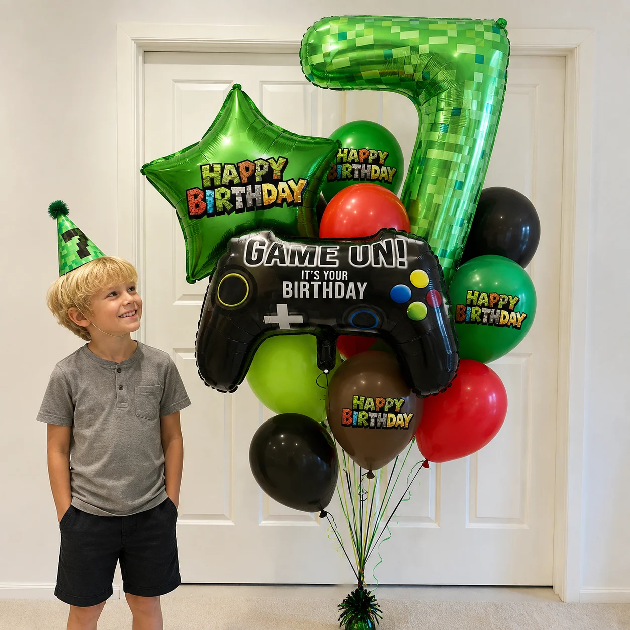Party Games Minecraft - Pixel Miner Number Foil Balloon Green