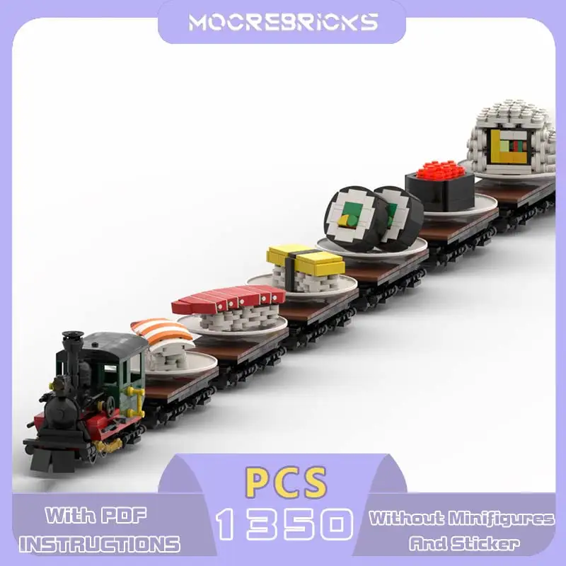MOC Working Conveyor Belt Sushi Food Train Model Set DIY Building Blocks Technical Japanese Restaurant Bricks Toys Gifts