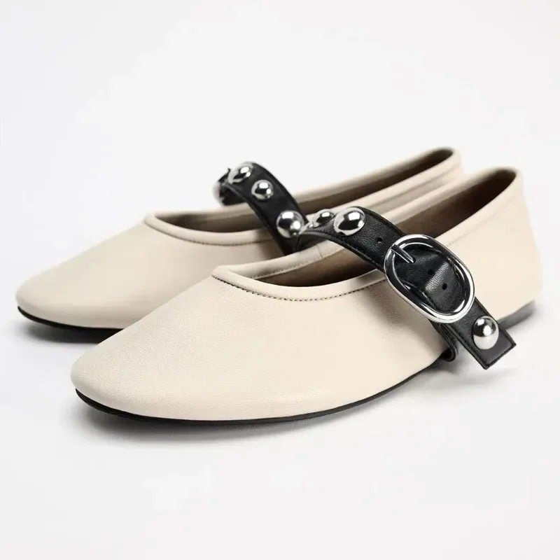 Ballet Flats for Ladies 2024 Autumn Rivet Design Buckle Strap Soft Leather Women Footwear Light Comfortable Leisure Female Shoes