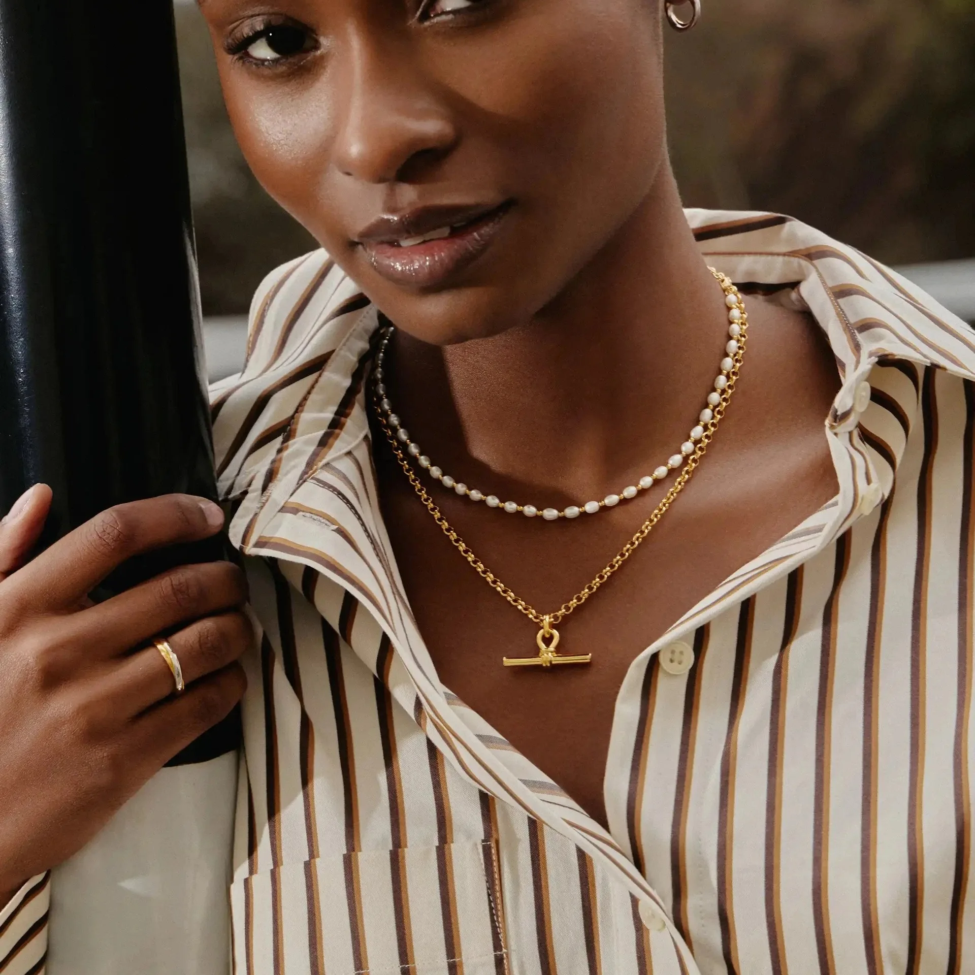 Personalized stainless steel pearl necklace simple OT buckle clavicle neck chain women's basic chain rice bead color retention
