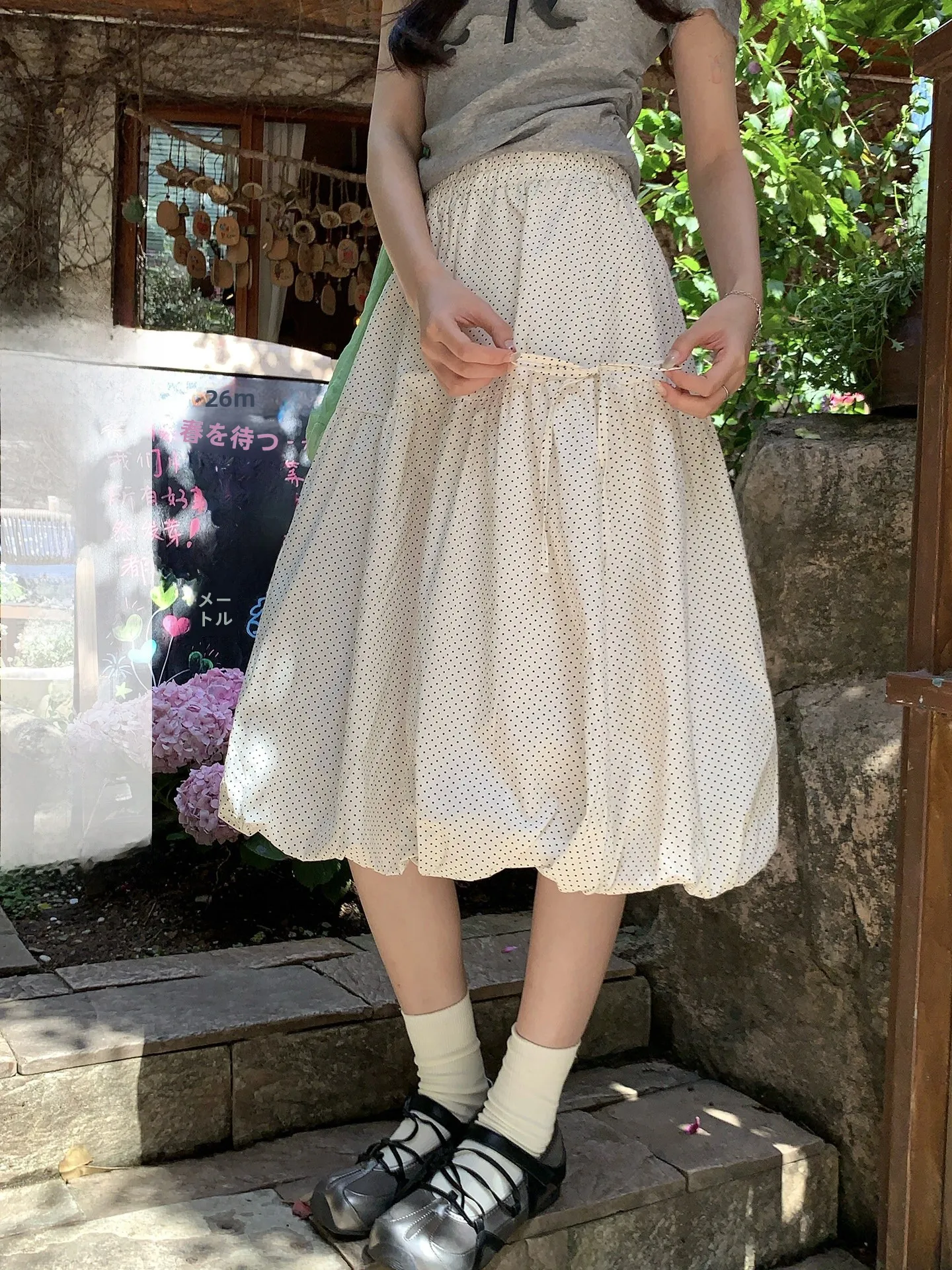 

Hollyii Korean Style High Waist Casual Side Knot Polka Dot Midi Lantern Skirt Spring Summer New Arrival Women's Skirt