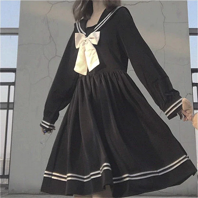 Bogen Patchwork lose A-Linie Mode knielange niedlichen Empire Preppy Style japanische All-Match schwarze Schuluniform