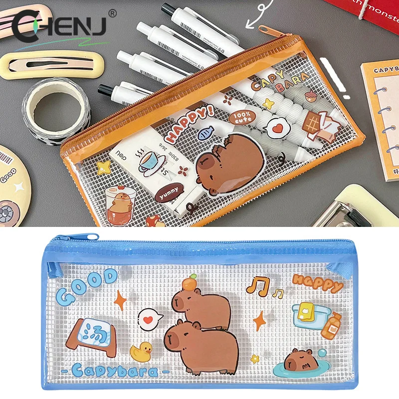 Creative Cute Capibala Grid Pencil Case Kawaii Transparent Capacity Pencil Bag Portable Travel Makeup Bag Stationery Storage