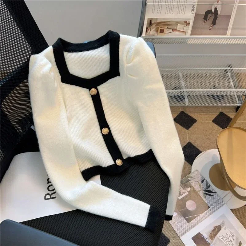 

Autumn Fit Knitted Sweet Cool Puff Sleeve Sweaters Women Elegant Square Collar Cardigans Causal Daily Wear