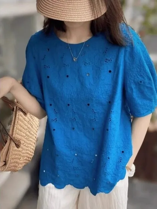 Klein Blue Embroidered Hollow out Shirt Short Sleeve T-Shirt Women's Casual Style Cotton 100% Summer New plus Size Slim Fit