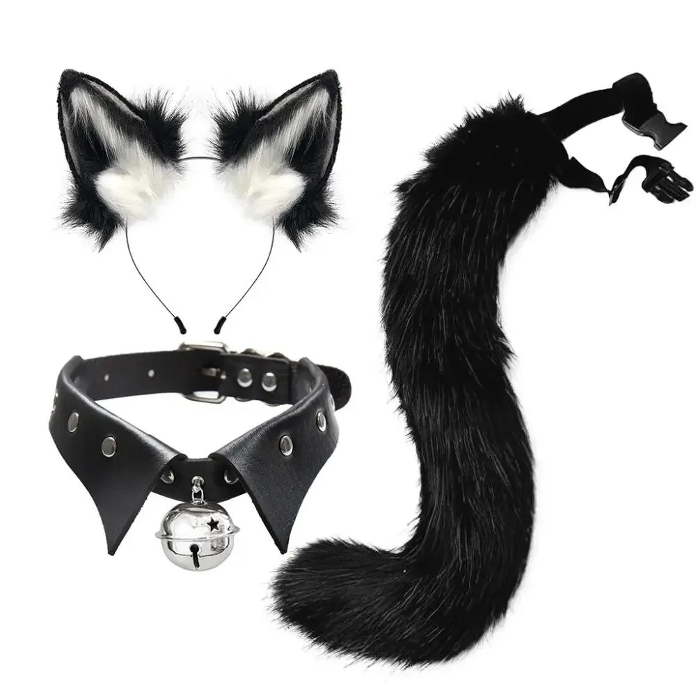 Gothic Style Costumes Props Set Steampunk Collar Style Collar Necklace Headgear Tails 3Pcs Set Fox Animal Cosplay Accessories