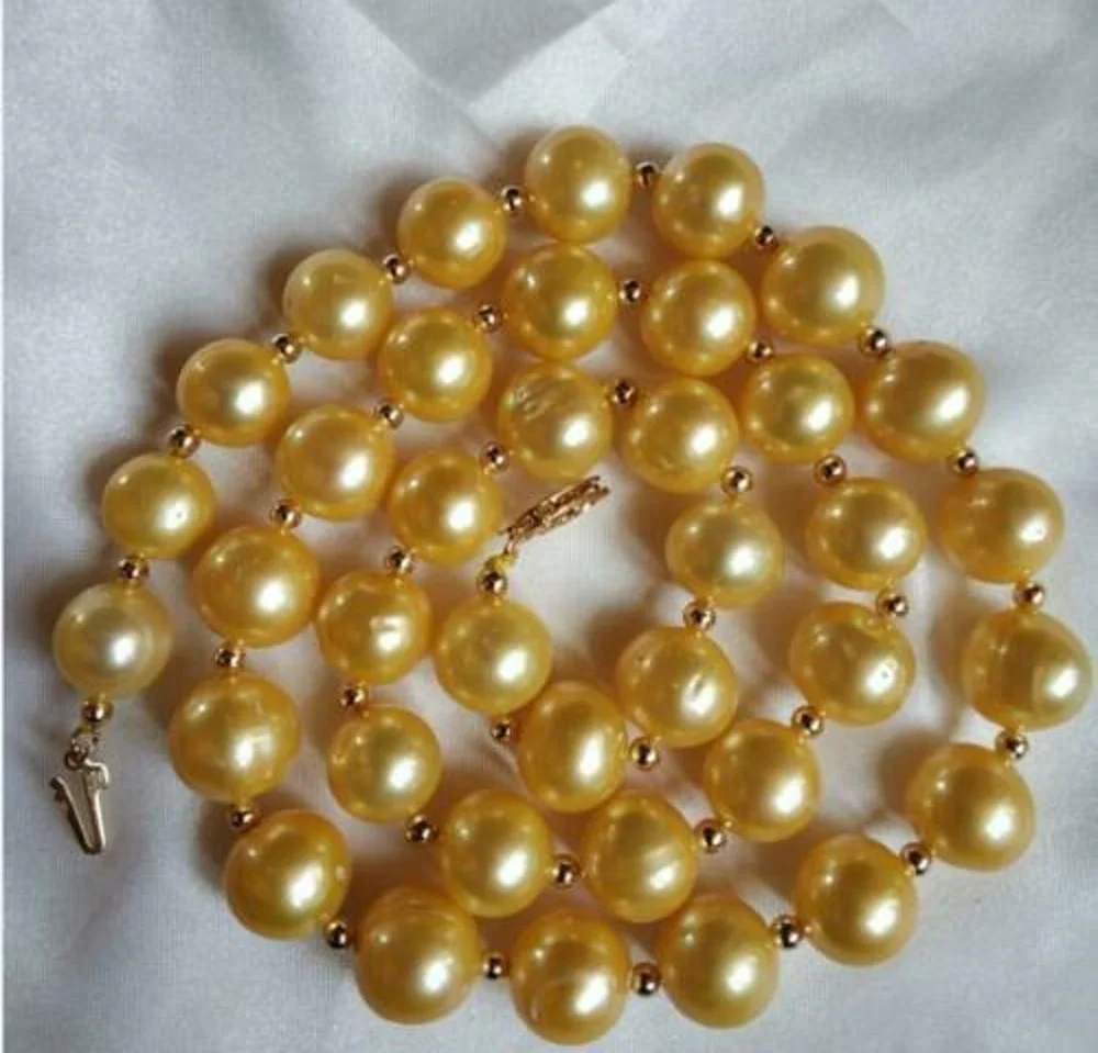 

Beautiful AAA 20inch 9-10mm Real natural south sea golden pearl necklace 14k gold