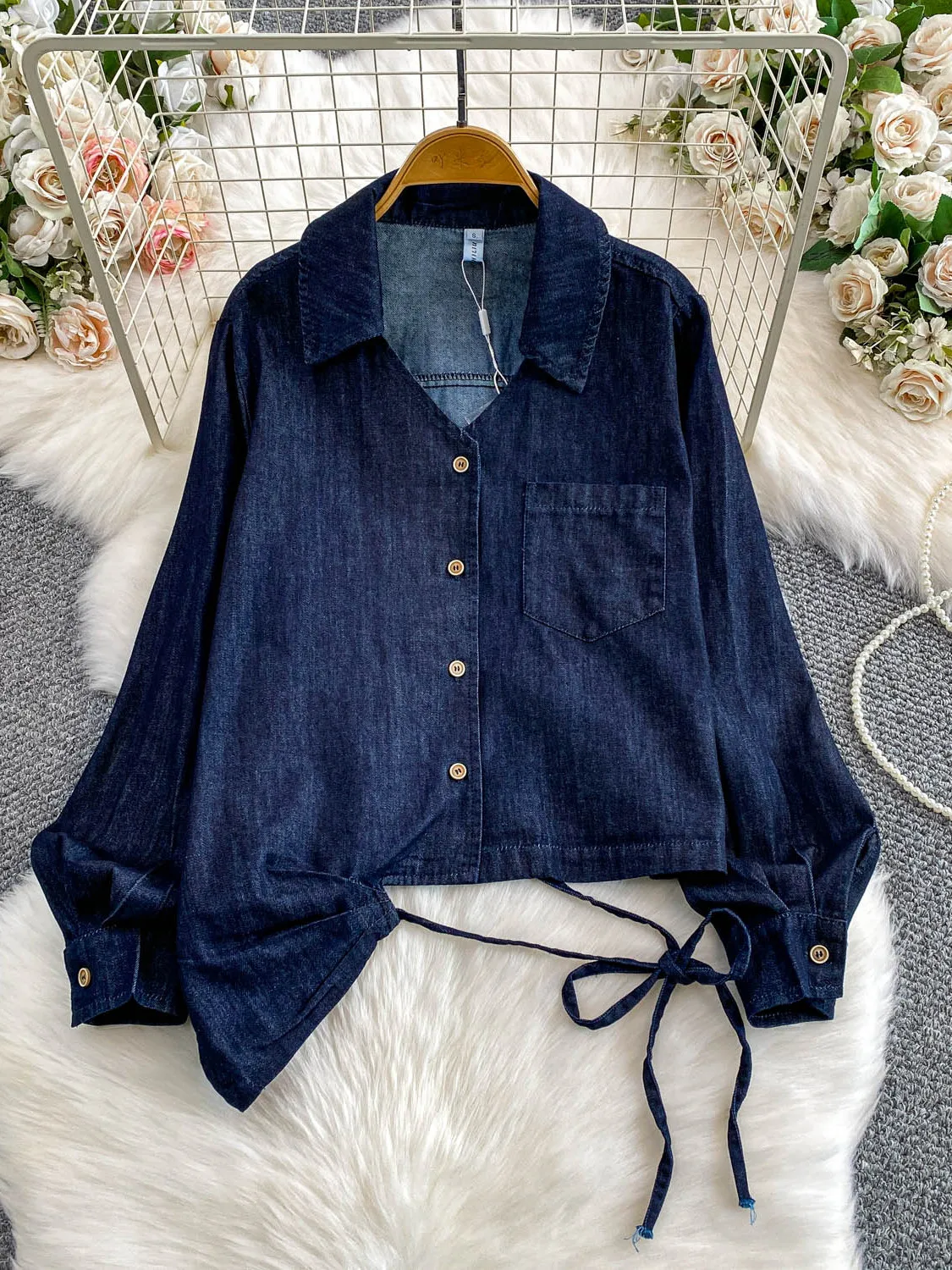 

Джинсовый тюнер с талией в стиле ретро, женский осенне-зимний гонконгский костюм знаменитостей, асимметричный дизайн, топ с поясом