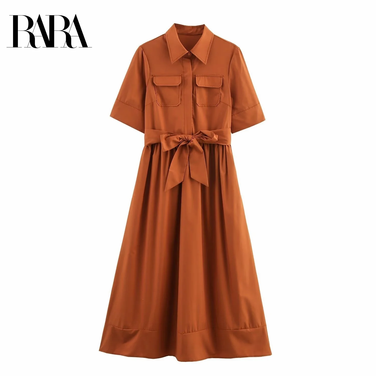 2025RARA صيف جديد المرأة عادية التنقل بسيط كل مباراة البوبلين القوس قميص نمط طويل قصير الأكمام التلبيب فستان